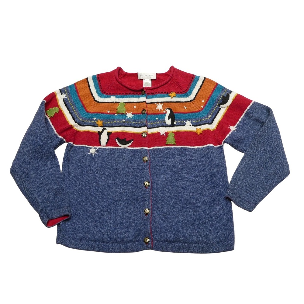 Vintage Susan Bristol Sweater Womens Large Blue Cardigan Penguins Christmas 00s
